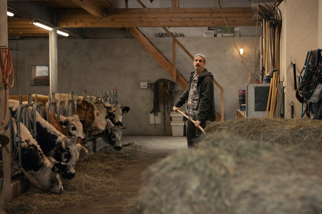 “Der Garmisch-Krimi - Wolfsmord“: Johann Simader (Max von Thun) steht mit einer Heugabel in der Hand vor einem Berg Heu und füttert die Kühe, die neben ihm bereits begonnen haben zu fressen.